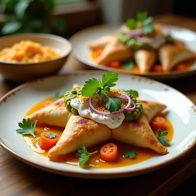 Samosa Chat Indio: Empanadillas Crujientes con Yogur, Chutneys y Cilantro