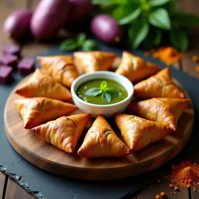 Samosas de Batata Morada y Espinacas con Salsa de Mentas: Receta India Vegana al Horno