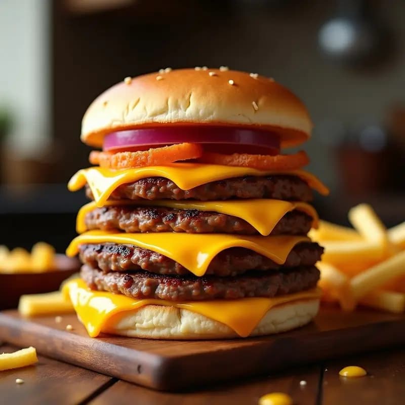 Sándwich de 3 Pisos con Carne, Queso y Patatas Fritas: Receta Americana de Comida Rápida Extrema