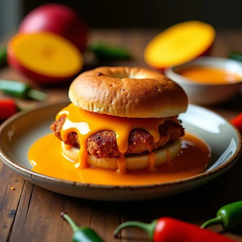 Sándwich de Chuleta de Cerdo Empanada con Queso Cheddar y Salsa de Mango Habanero: Explosión de Sabores en Cada Muerdida