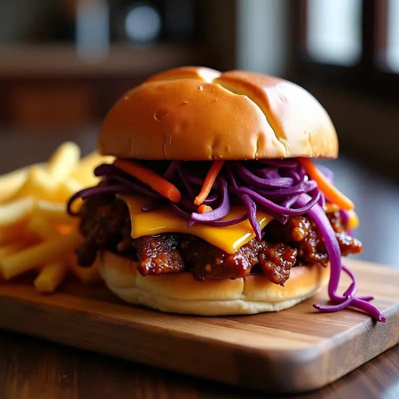 Sándwich de Costillas BBQ Desmenuzadas con Ensalada de Col Morada y Salsa de Whisky