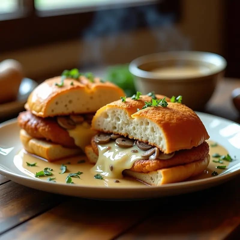Sándwich de Filete Empanizado con Queso Provolone y Salsa de Hongos: Receta de Comida Reconfortante
