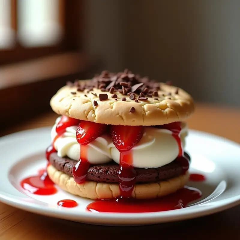 Sándwich de Galleta con Helado de Vainilla, Brownie y Sirope de Fresa: Postre en Capas para Golosos