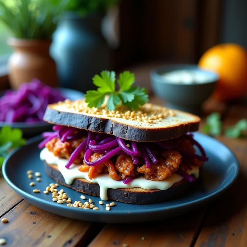 Sándwich de Pan de Maíz Azul con Pulled Jackfruit y Col Morada: Receta Vegana y Crujiente