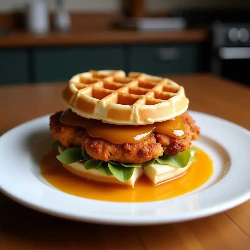 Sándwich de Pollo Empanizado con Waffles y Sirope de Arce: Desayuno o Cena 100% Indulgente