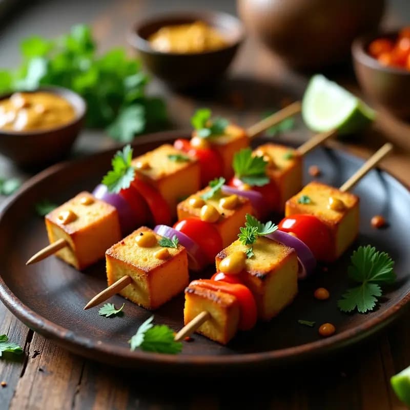 Satay de Tofu con Maní y Cúrcuma: Brochetas Indias Veganas y Picantes
