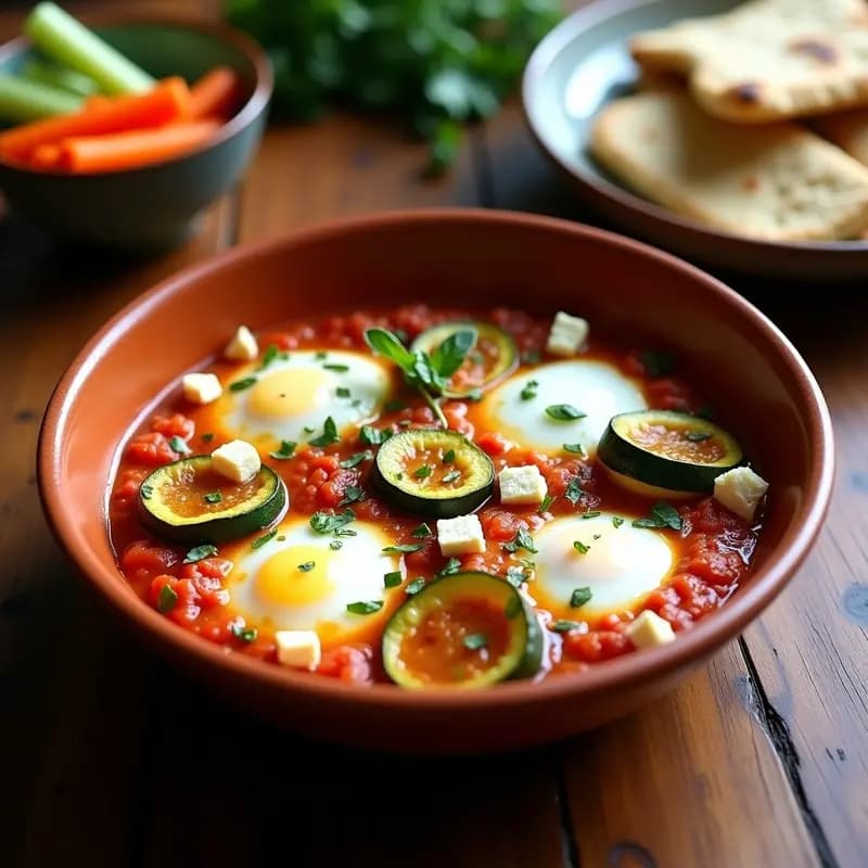 Shakshuka de Calabacín y Queso Feta con Hierbas Provenzales: Receta Túnez Vegana