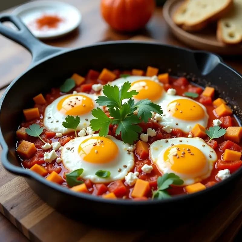 Shakshuka de Calabaza y Feta: Desayuno Norteafricano con Toque Otoñal en una Sartén