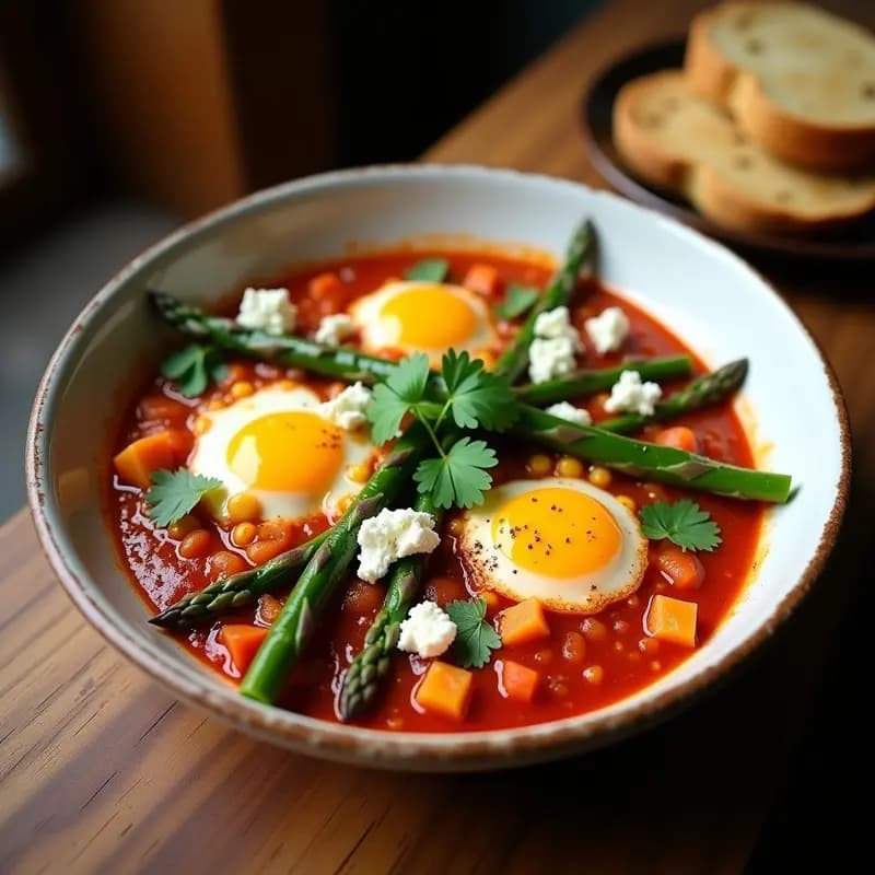 Shakshuka de Espárragos y Queso de Cabra: Desayuno Libanés con Huevos Poché y Especias Baharat