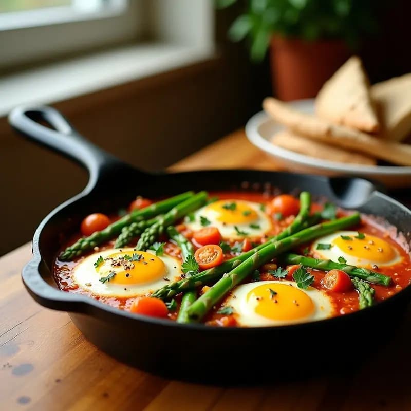 Shakshuka de Espárragos y Tomates Verdes: Desayuno Tunecino Vegano y Sin Huevos