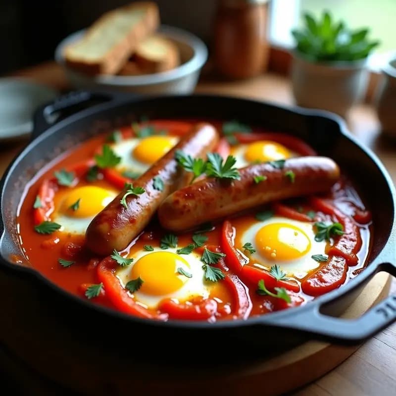 Shakshuka Francés con Salchichas de Toulouse: Huevos Pochados en Salsa de Tomate y Pimentón