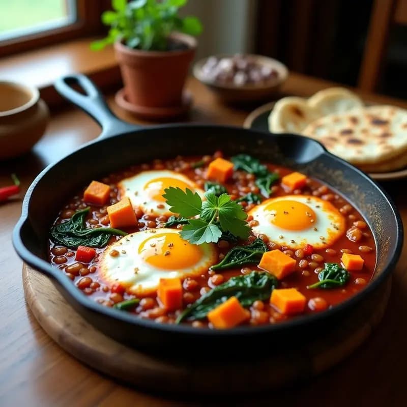 Shakshuka de Lentejas y Calabaza: Versión Vegana Norteafricana en Sartén