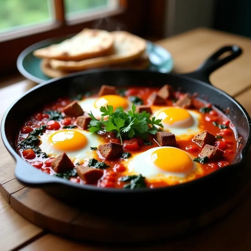 Shakshuka de Berkshire con Pimientos Rogan Josh y Espinacas: Receta Británico-India para Desayuno