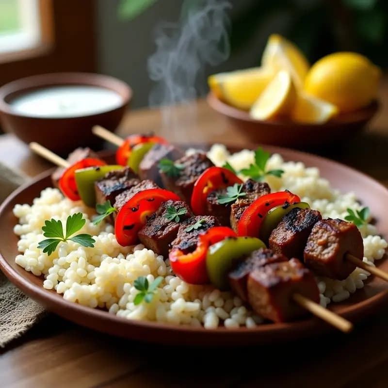 Shashlik de Cordero con Pimientos Asados y Arroz Basmati: Receta Armena en Brocheta