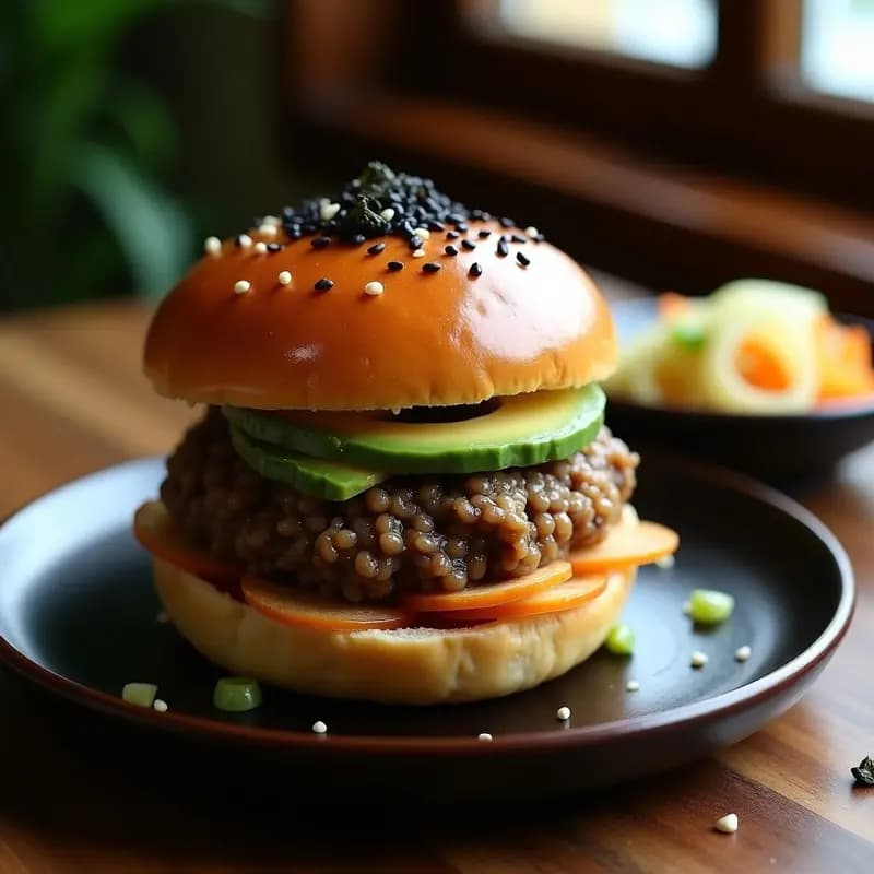 Shojin Ryori: Hamburger de Hongos Shiitake y Loto con Pan de Arroz