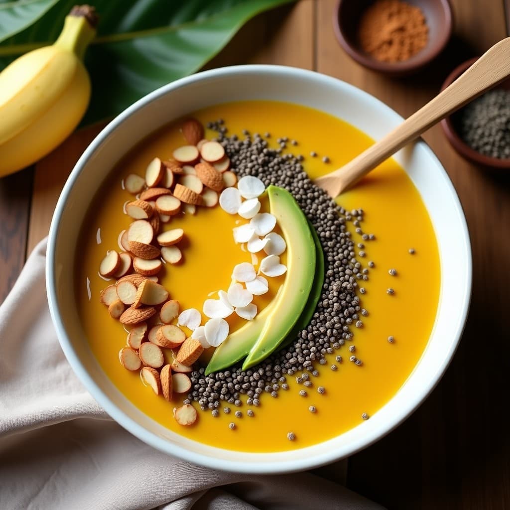 Smoothie Bowl de Lucuma y Cúrcuma: Desayuno Peruano Keto con Toppings Crujientes