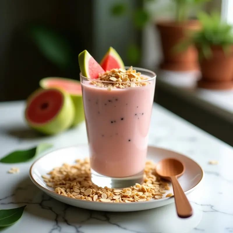 Smoothie de Guayaba y Jengibre con Granola de Avena: Bebida Tropical Energizante