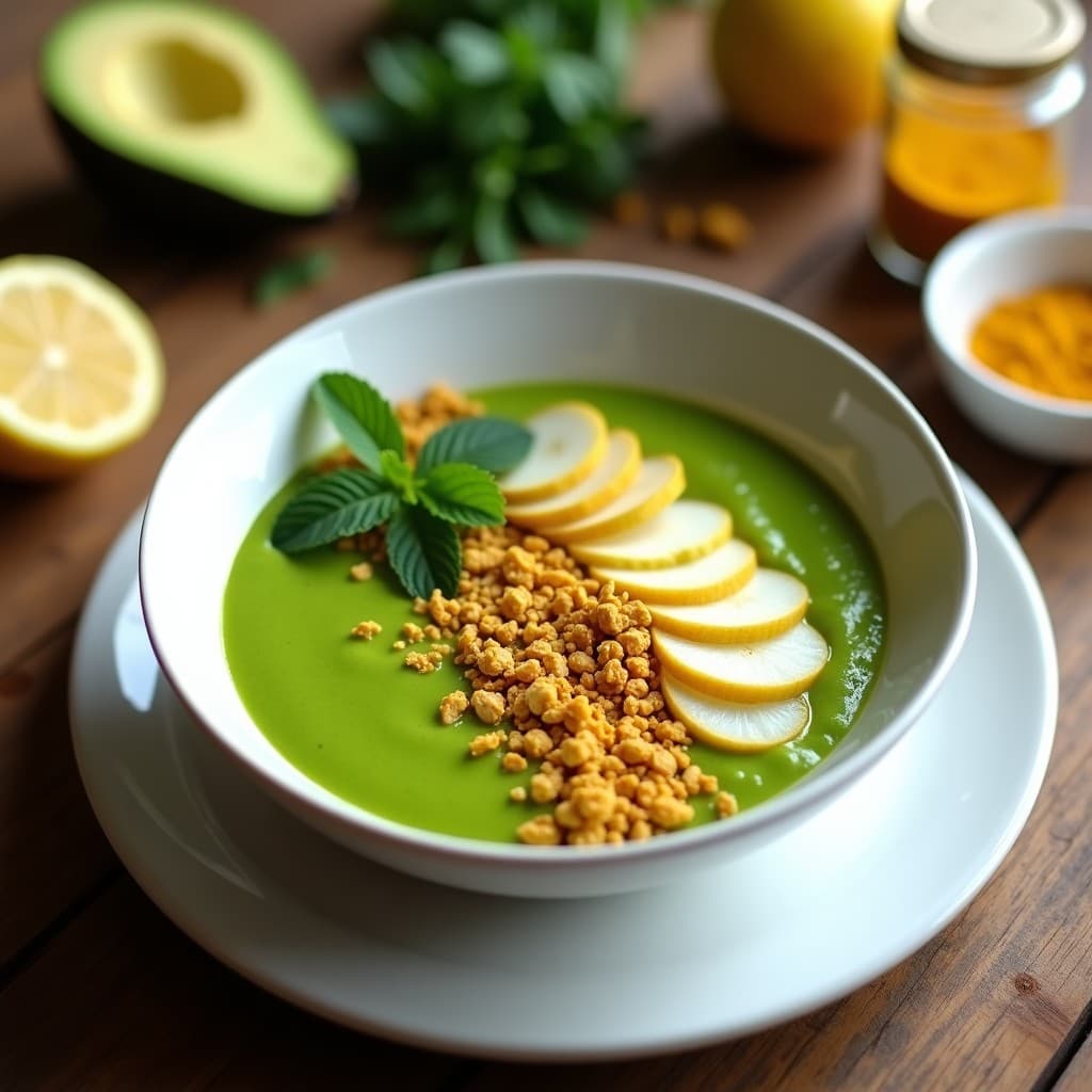 Smoothie Verde de Espirulina, Pera y Menta con Topping de Granola de Cúrcuma