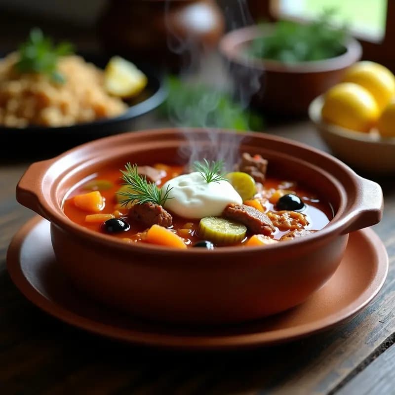 Solyanka rusa agria con carne y pepinillos: Sopa espesa y llena de sabor