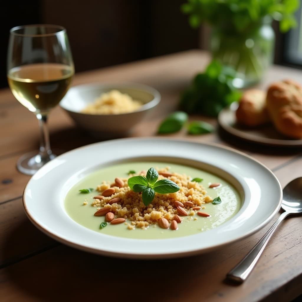 Sopa de Albahaca y Almendras con Crujiente de Pan de Centeno: Receta Italiana Vegana