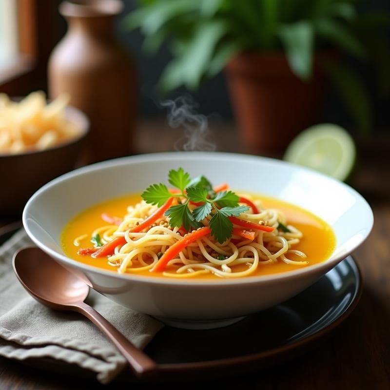Sopa de Fideos de Arroz con Verduras y Toque de Cúrcuma: Receta China Vegana en 15 Minutos