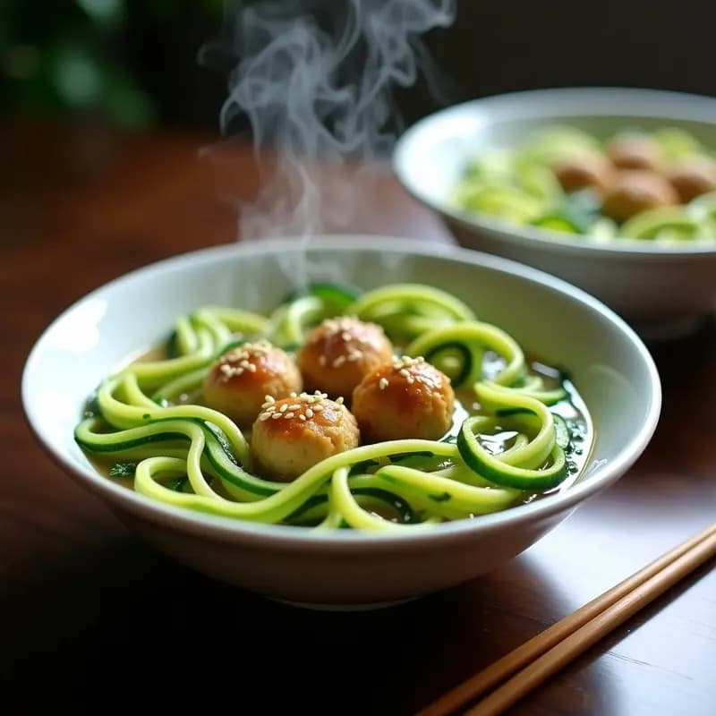 Sopa de Fideos de Zucchini y Bolas de Pollo en Nido: Receta China Visual en 20 Minutos