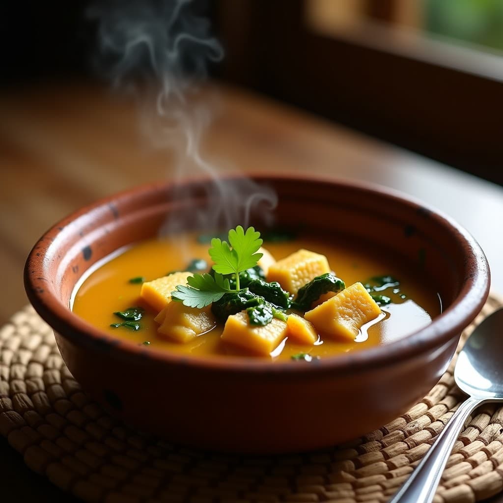 Sopa de Fufu de Ñame y Espinacas con Caldo de Cacahuete: Receta Nigeriana Vegana en Olla Exprés