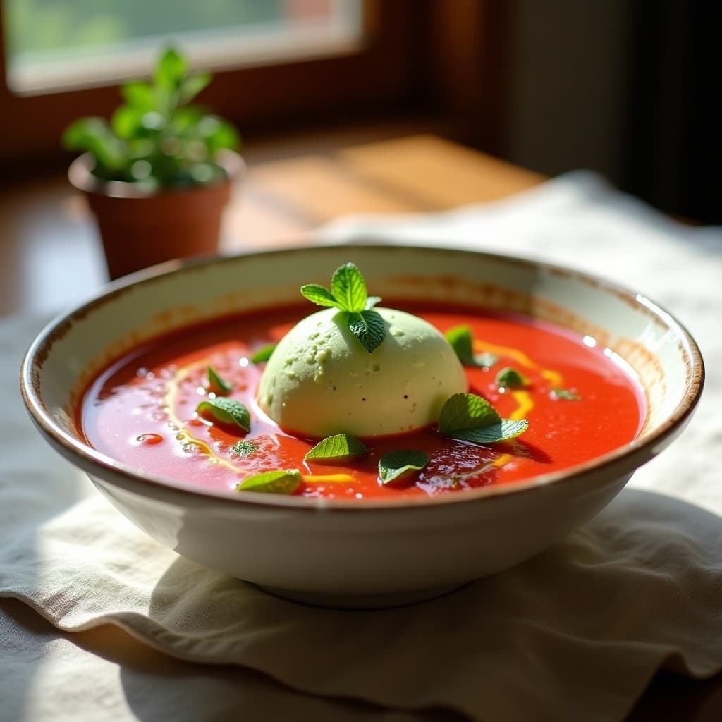 Sopa de Gazpacho Andaluz con Helado de Pepino: Receta Española Innovadora