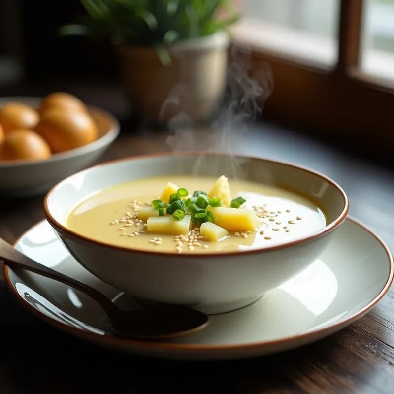 Sopa de Papa y Poro con Ajonjolí: Receta Coreana Reconfortante en 25 Minutos