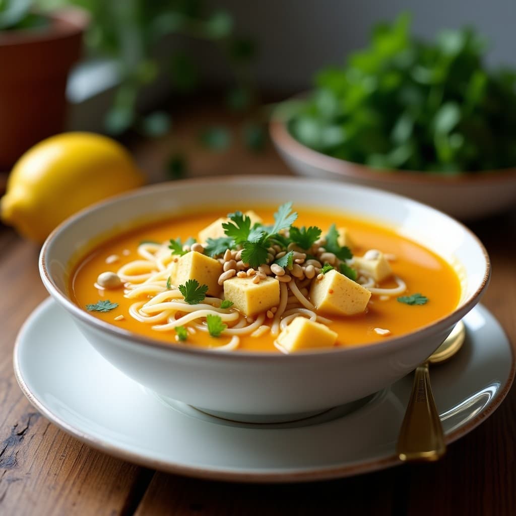 Sopa Thai de Cúrcuma y Limoncillo con Tofu y Fideos de Arroz: Receta Vegana y Antiinflamatoria