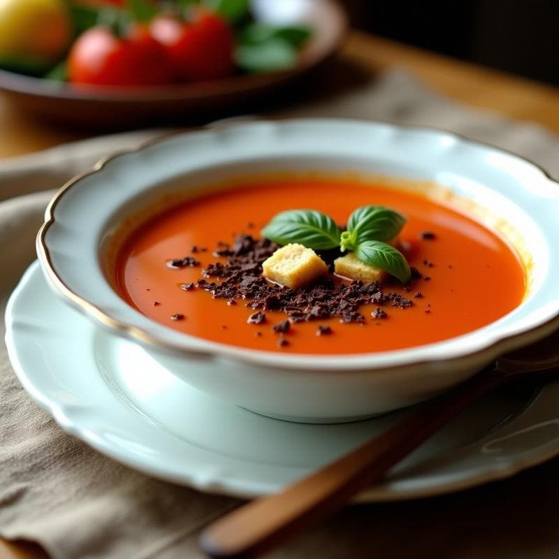 Sopa de Tomate y Albahaca con Virutas de Chocolate Negro: Receta Italiana Gourmet