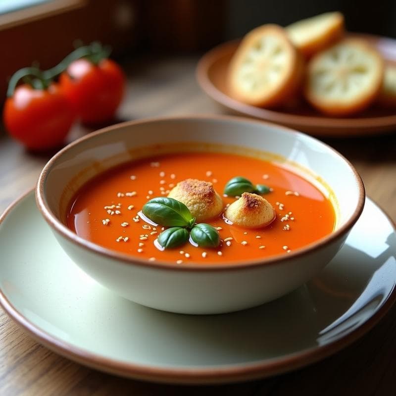 Sopa de Tomate y Albahaca con Croutons de Pan de Altramuz: Receta Sin Lactosa y Sin Gluten