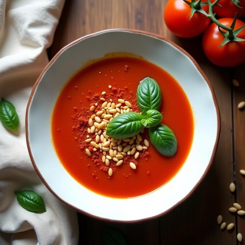 Sopa de Tomate y Albahaca con Crujiente de Semillas de Girasol: Receta Italo-Vegana
