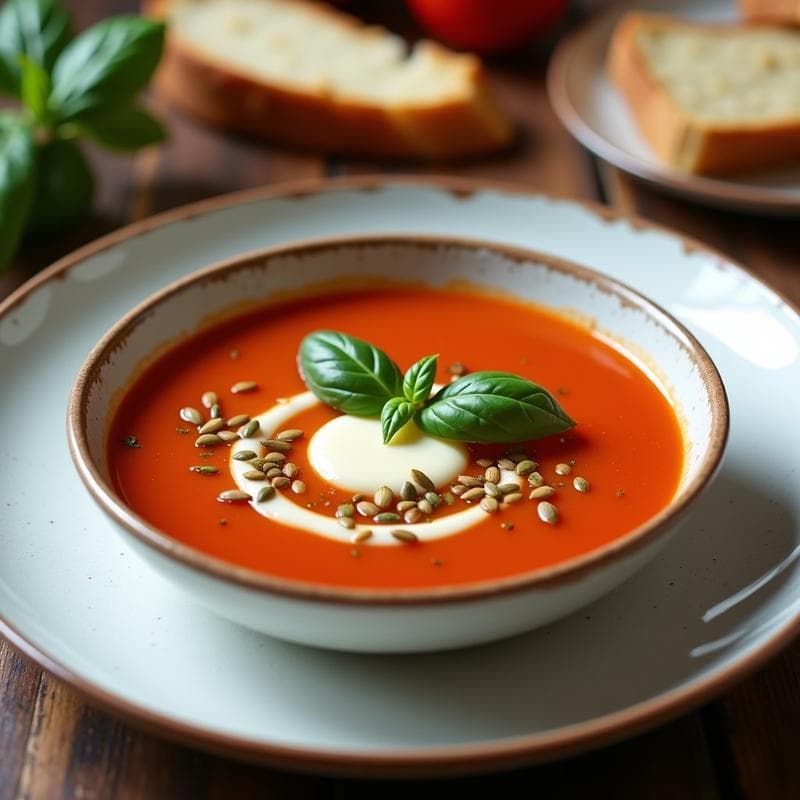 Sopa de Tomate y Albahaca con Queso de Cáscara de Anacardo: Receta Italiana Vegana y Sin Lactosa