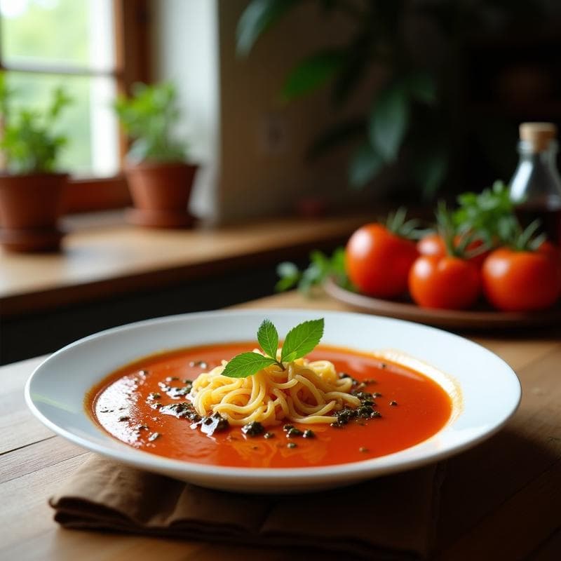 Sopa de Tomate y Albahaca con Touch de Vinagre Balsámico: Receta Italiana Sin Lactosa