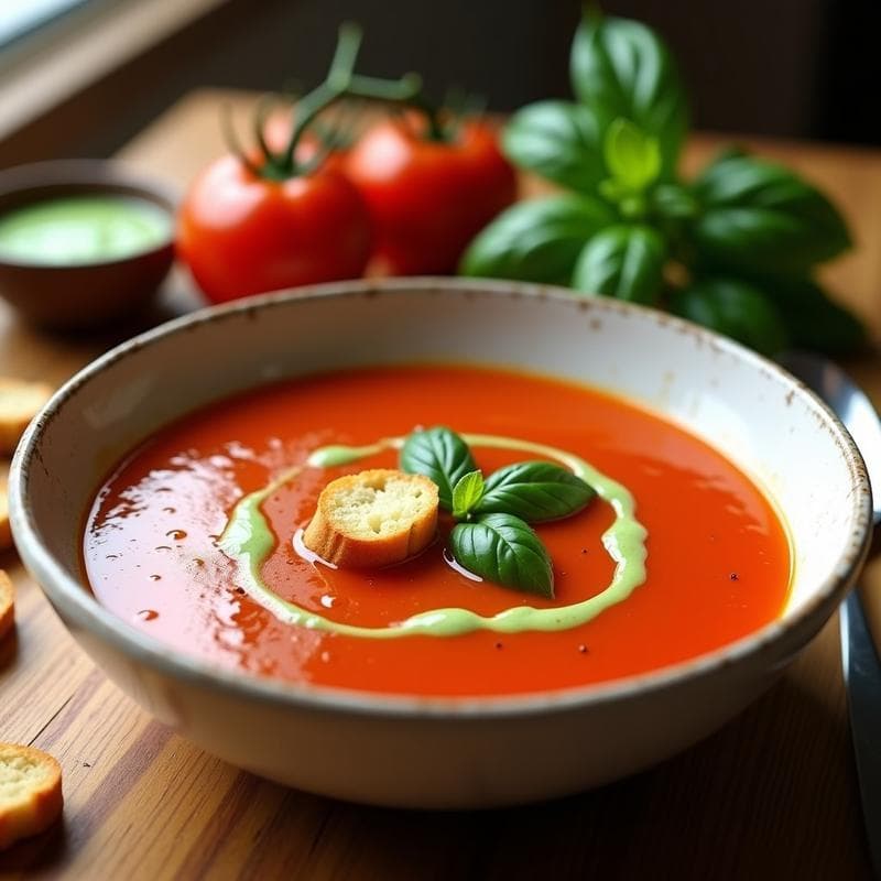 Sopa de Tomate y Albahaca con Touch de Wasabi: Receta Italiana con Toque Japonés