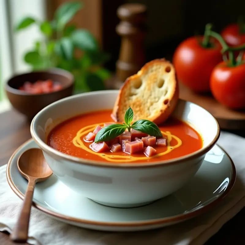 Sopa de Tomate con Pan Tostado y Jamón: Remedio Rápido para días de Prisa