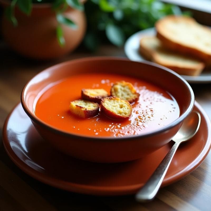 Sopa de Tomate y Pimentón Ahumado con Croutons de Pan de Centeno: Receta Española en Olla Lenta