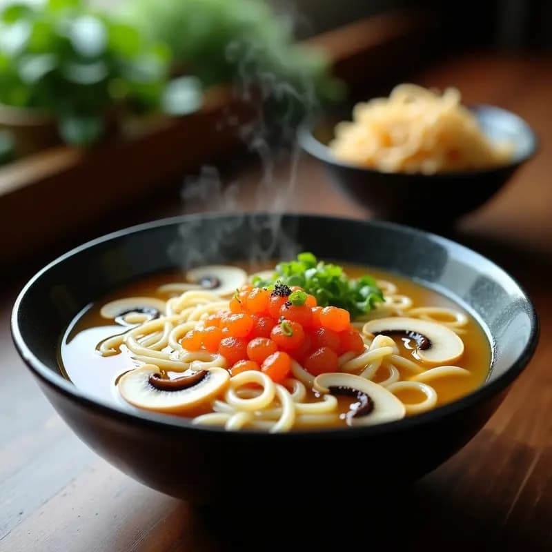 Sopa de Fideos Udón con Setas Shiitake y Huevas de Tobiko: Receta Japonesa Cremosa
