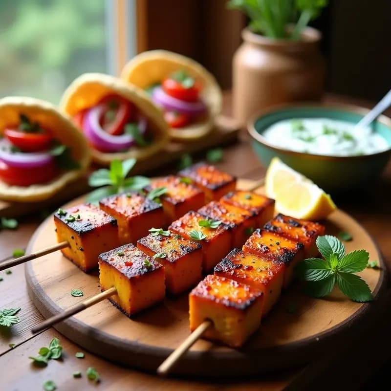 Souvlaki Griego de Tofu Marinado con Salsa Tzatziki de Pepino: Receta Vegana en Airfryer