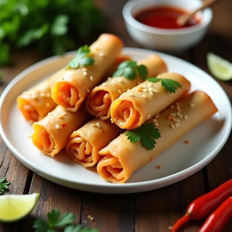 Spring Rolls de Langostinos y Mango con Salsa de Sriracha: Aperitivo Vietnamita Crujiente y Picante