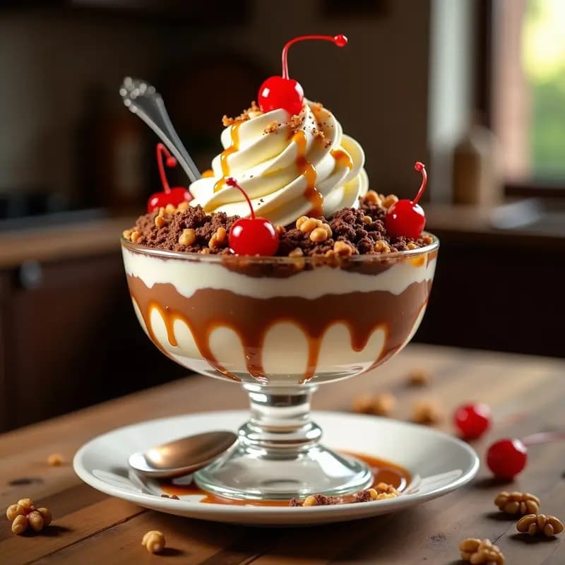 Sundae Gigante con Galletas, Nata, Caramelo y Cerezas: Postre para Compartir