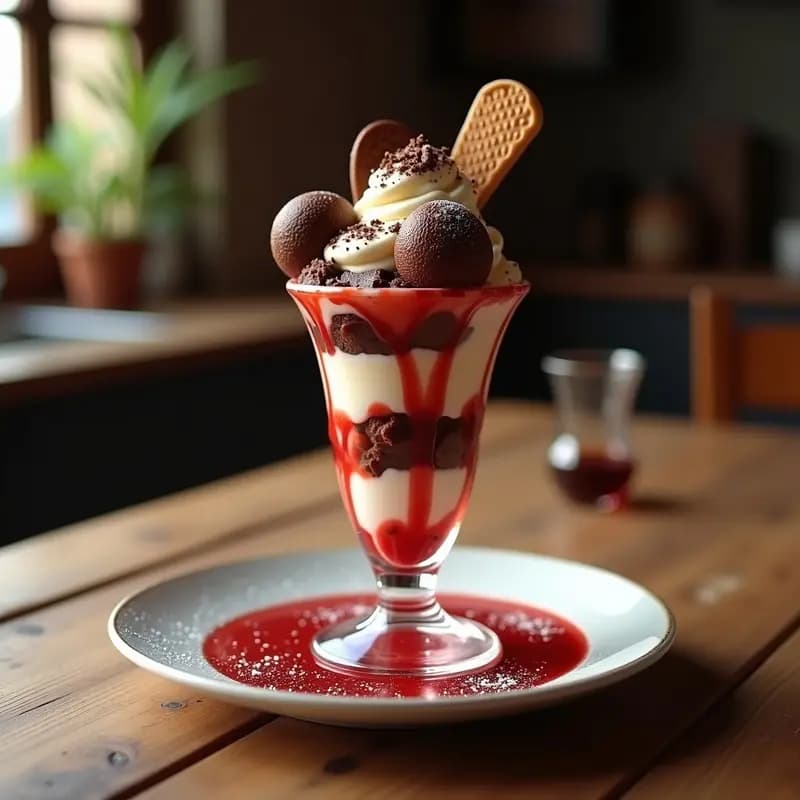 Sundae de Helado con Brownies, Crema de Maltesers y Salsa de Fresa: Postre de Heladería Gourmet