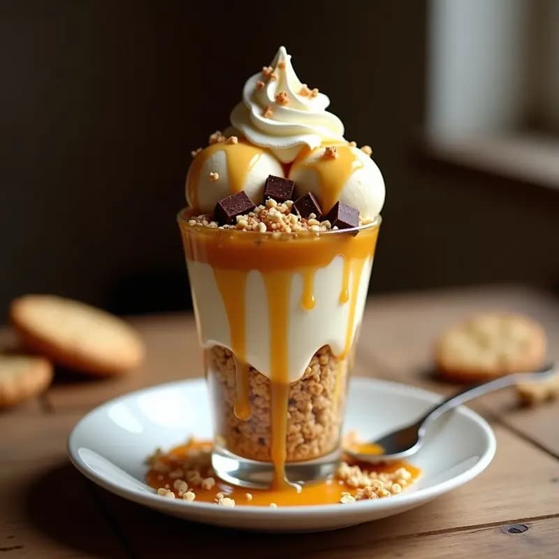 Sundae de Helado con Galletas Trituradas y Sirope de Caramelo Salado: Postre Americano Clásico y Decadente
