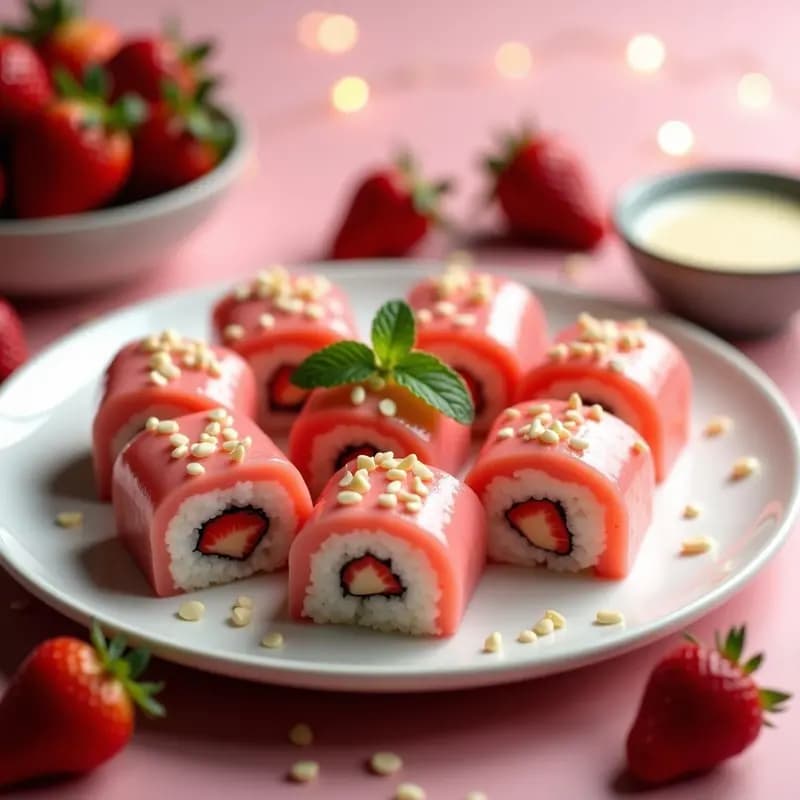 Sushi de Fresa y Mochi con Salsa de Chocolate Blanco: Postre Japonés Fusion Romántico