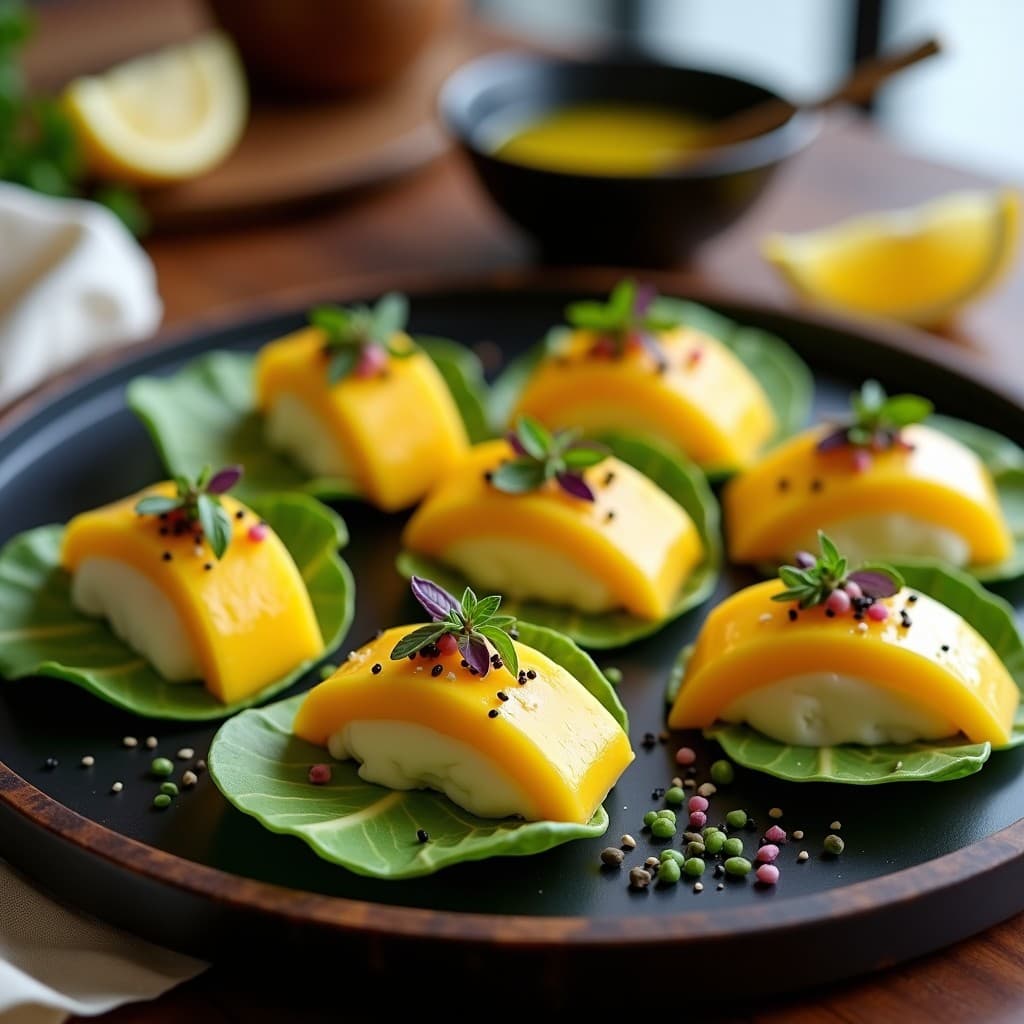 Sushi de Mango y Queso de Cabra con Vinagreta de Yuzu: Entrante Fusion Japonés-Francés