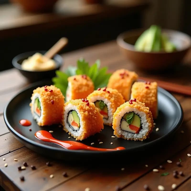 Sushi Roll Frito con Aguacate, Queso Cream y Salsa Sriracha-Mayo: Fusión Japonesa de Éxito