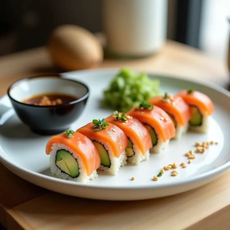 Sushi de Salmón y Aguacate con Salsa de Soja y Jengibre: Receta Japonesa Casera