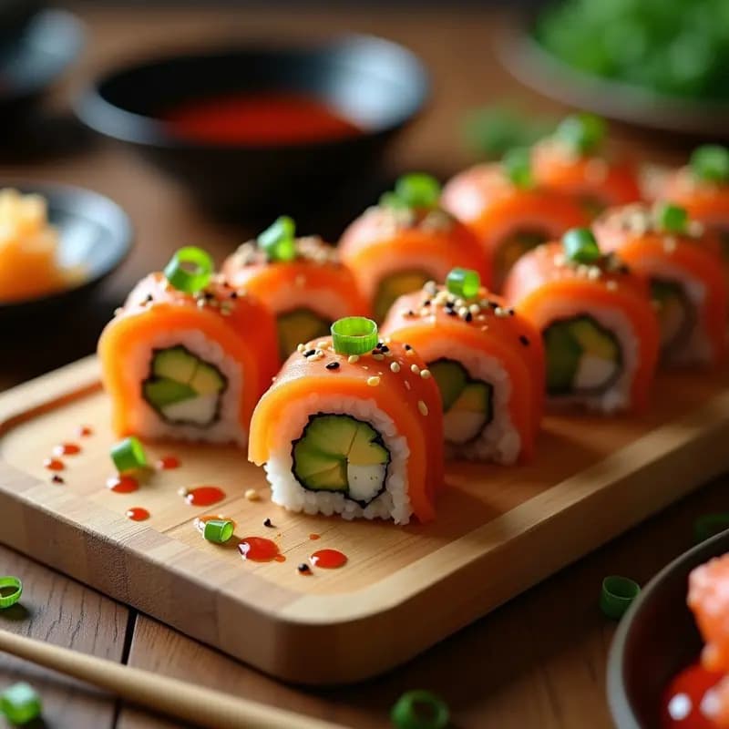 Sushi de Salmón Ahumado y Palta con Salsa Sriracha: Receta Japonesa Rápida y Gourmet