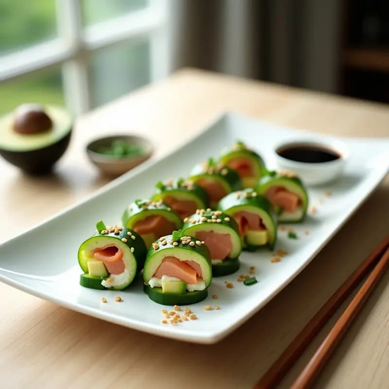 Sushi de Salmón Ahumado y Queso Philadelphia con Envoltura de Pepino: Receta Japonesa sin Arroz